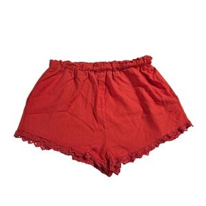 Francesca's Blue Rain Red Linen Blend Lace Trim Elastic Waist Shorts